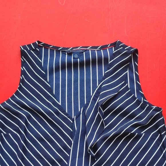 Tommy Hilfiger blouse dark blue white stripe ruffle design women's size XS - Picture 3 of 6